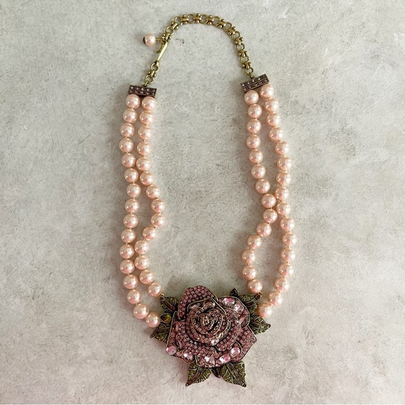 Heidi Daus Statement Necklace Pink Floral Crystal Double Beaded